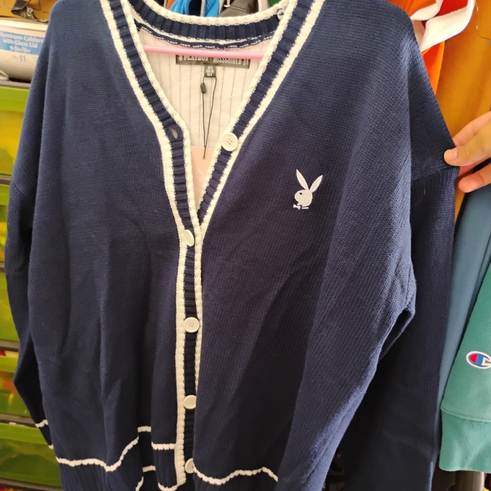 Navy Blue Cardigan with White Trim